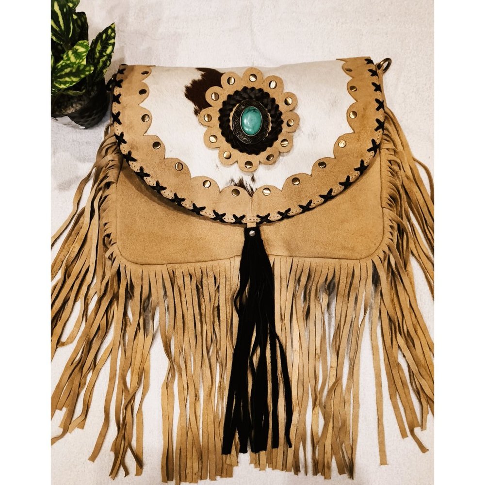 Leather Shoulder Bag with Fringe and Strap, Western Cowhide Purse for Woman